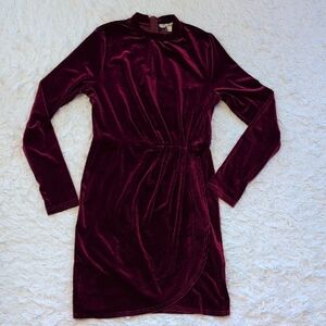 Vine & Love Velvet Long Sleeve Dress in Deep Burgundy